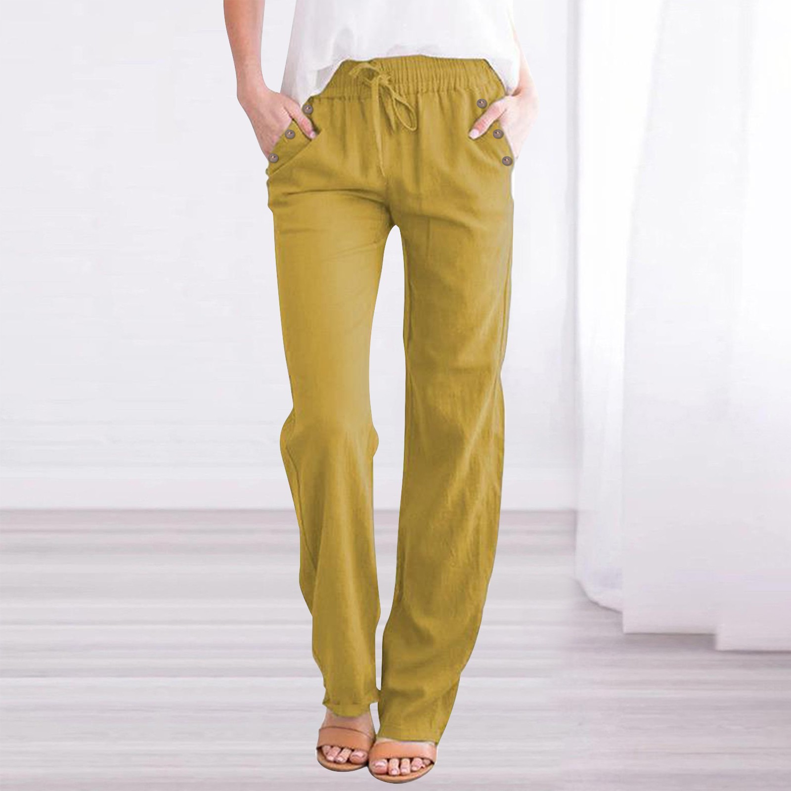 thumbnail image 2 of Pantalones elásticos de pierna recta para mujer - Cintura con cordón de algodón - Casual de cintura alta - Terciopelo dorado - Tallas S-XXL - Todas las estaciones, 2 of 5